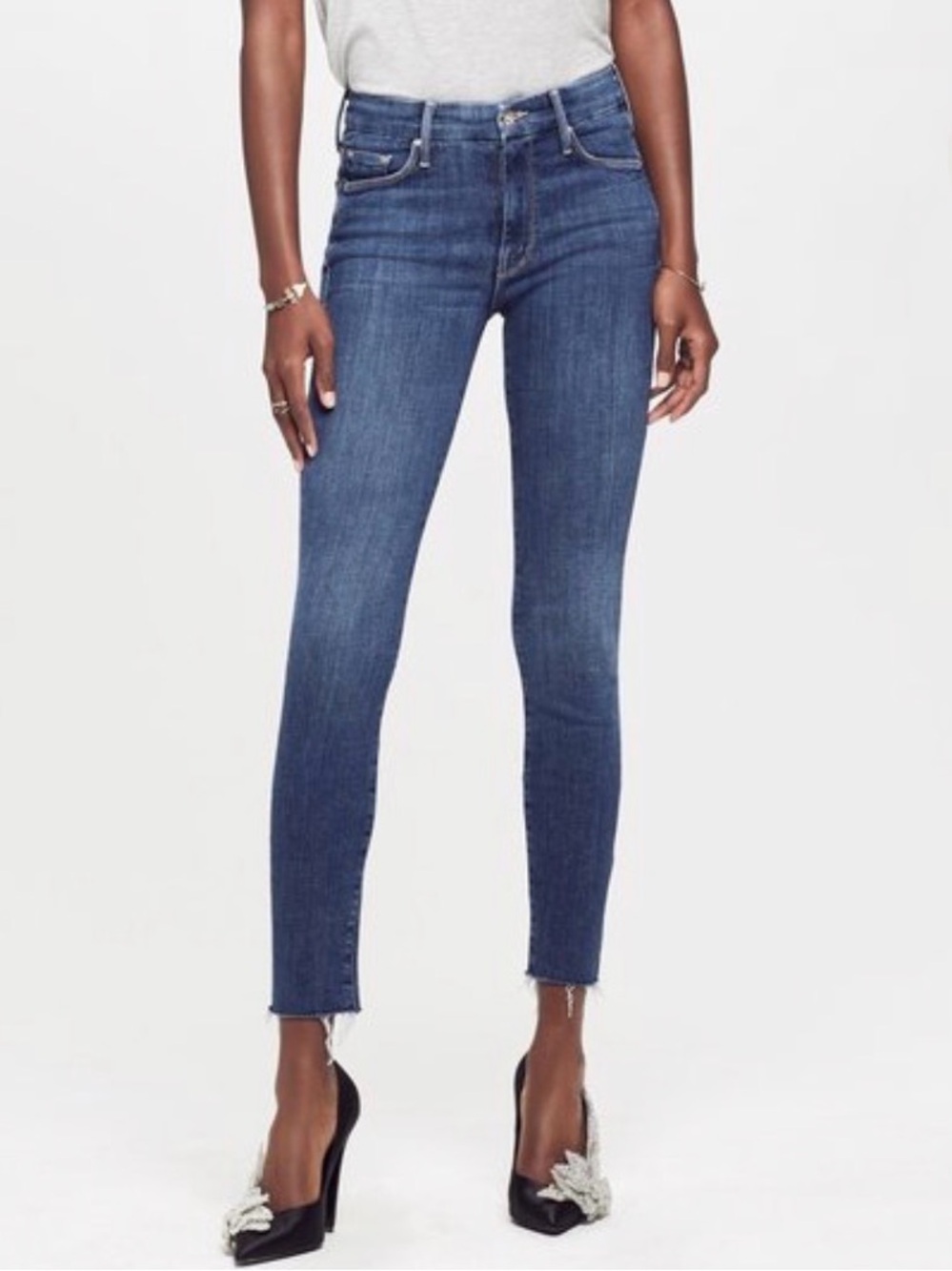 Mother The Looker Ankle Fray High RiseJeans Blue Distressed Stretch Sz 28